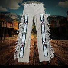 Handmade White Suede Leather Fringe Pants with Beaded Western Design