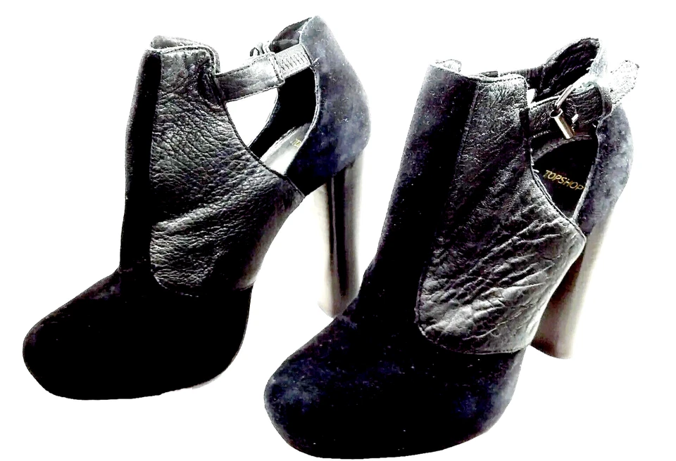 TOPSHOP Mujer Talla 8 Botín Plataforma Negro Tacón Alto Gamuza Cuero Londres Punk Foto 4 de 4