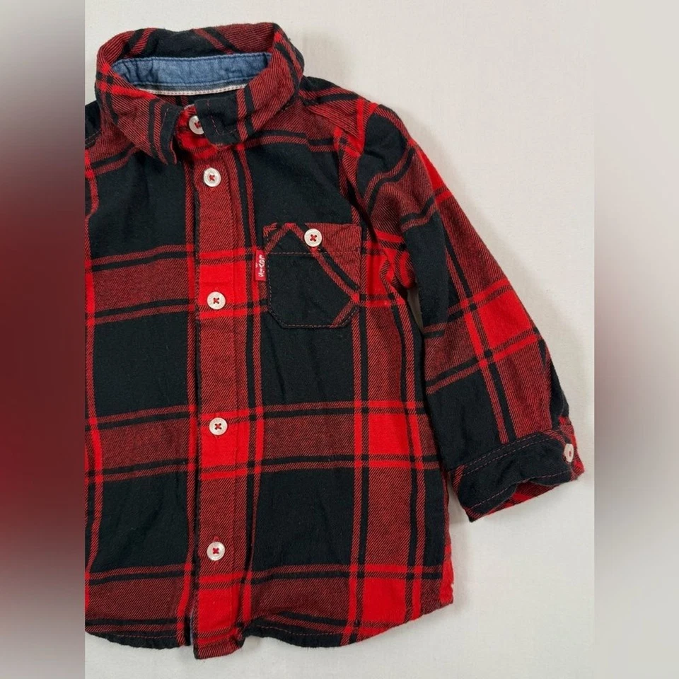 LEVI’S Baby 男孩红色水牛格子西部秋季休闲纽扣衬衫 9 个月 — 第 2/4 张图片