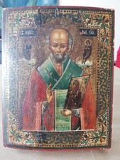 19 Jh. Antike Ikone des Heiligen Nikolaus von Myra Eitempera auf Kreidegrund