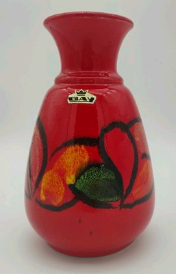 Bay Keramik Vase Red With Multi-Color Design Mid-Century Height 8''