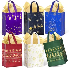 Medium Christmas Gift Bags Set of 18 with Tissue Paper - Reusable Tote Bags