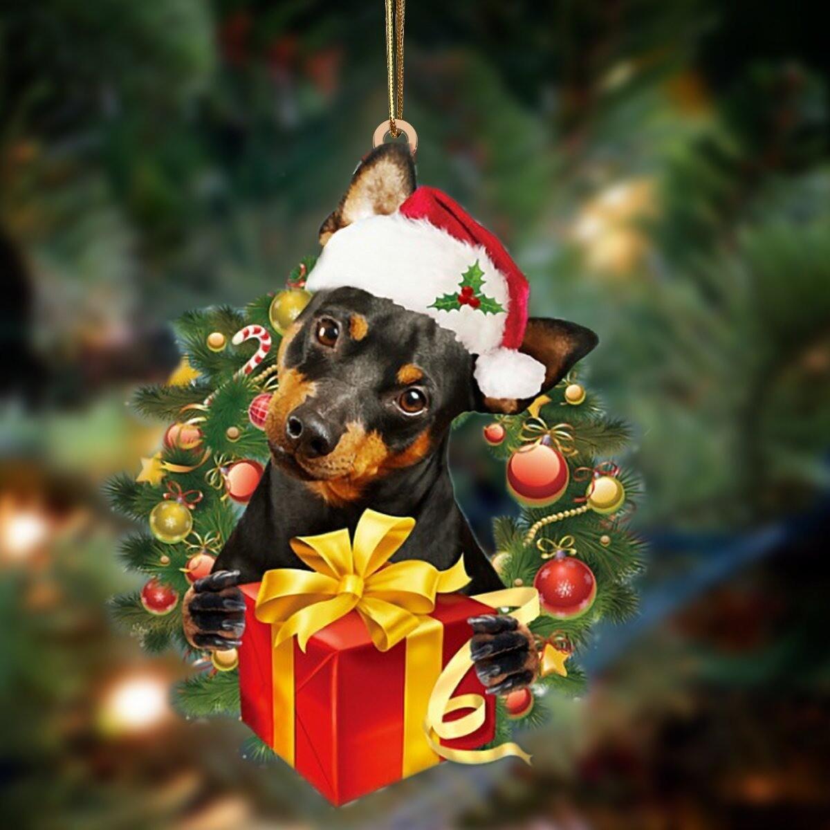 Miniature Pinscher Dog Christmas Wreath Flat Ornament  Min Pin Dog Xmas Ornament