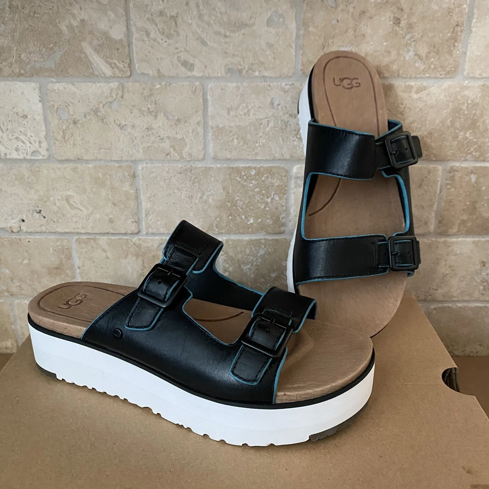 SANDALI INFRADITO UGG HANNELI NERI IN PELLE CON PLATEAU E PLATEAU MISURA US 7 DONNA