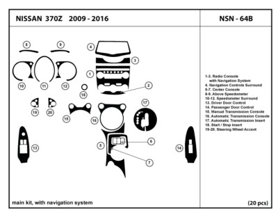 Interior Carbon Fiber Dash Trim Kit for NISSAN 370Z 2009-2020 w/ navigation sys.