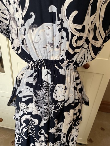 LUIBELLE Italy Ladies Navy Blue Patterned Short Sleeve Layer Midi Dress Size 10 - Picture 13 of 16