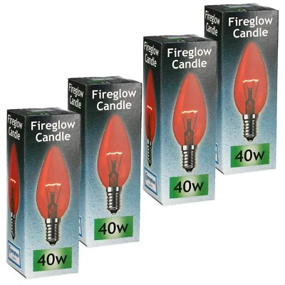 4 x 40W Small Edison Screw Red Fireglow E14 Candle Lamps 240V Bulbs Crompton