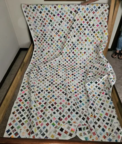Unique Vintage Cathedral Window Pane Multicolored Hand Knotted Quilt 72" X 108"