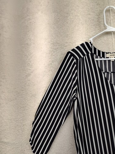 Meraki Women Top Medium Black Striped Poly Blend 3/4 Sleeve Casual Tunic Shirt - Picture 2 of 19