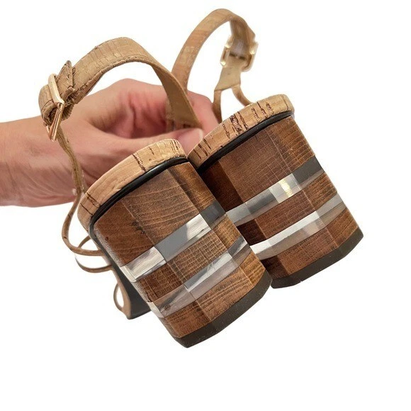 Vaneli PU 透明软木粗跟女式棕褐色米色凉鞋 8.5 — 第 3/4 张图片