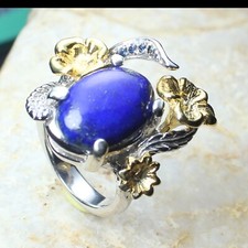 Lapis Lazuli ring decorated with blue sapphire, genuine sterling silver 925