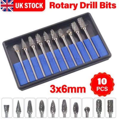 10pcs 3*6mm Tungsten Carbide Burr Rotary Drill Bits Tools Cutter Files Set Shank