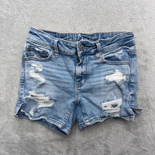 American Eagle Shorts Womens 0 Blue Midi Distressed Denim Light Wash Raw Hem