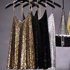 Metal Chain Halter Glitter Sequin Dress Backless Night Club Dance Shiny Party