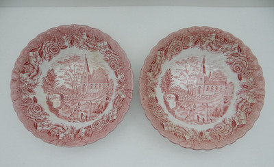 British Anchor English Country Scenes Red Coupe Cereal Bowls Set of 2 Crazing