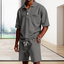 Men Waffle Knit 2 Piece Tracksuit Short Sleeve Half Button Polo Shirt Shorts Set