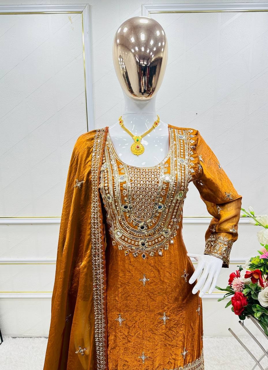 New Mustard Yellow Fendy Silk Top Palazzo With Dupatta For Women & Girls Wear thumbnail 3