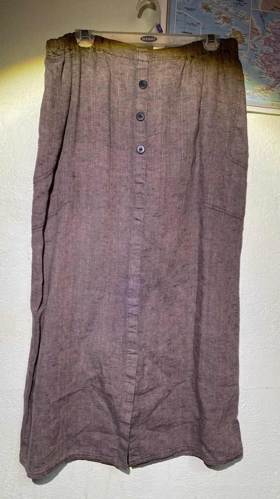 Flax by Angelheart Button 100% Linen Midi Skirt Brown Large Lagenlook GUC AA01