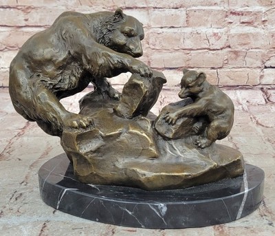 SIGNED BRONZE STATUE MOTHER BEAR PLAYING WITH HER CUB SCULPTURE FIGURINE SALE