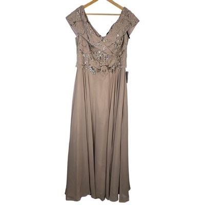 XSCAPE Womens Size 18 Taupe Beaded Off Shoulder V Neck Formal Evening Gown Dress
