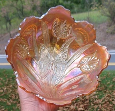 DUGAN  "BUTTERFLY & TULUP"  MARIGOLD CARNIVAL GLASS FTD. FRUIT BOWL