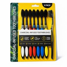 Charcoal Infused Toothbrushes Soft Bristles 1 Pack of 8 Tongue Cleaner On Back