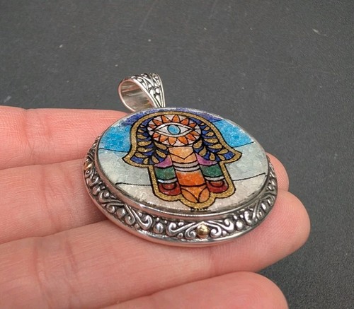 Samuel B Sterling Silver 18k Gold Bali Micro Mosaic Hamsa Evil Eye Round Pendant - Afbeelding 6 van 12