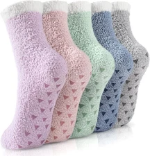 5 Pairs Fuzzy Slipper Socks for Women, Non Slip Warm Cozy Winter Socks
