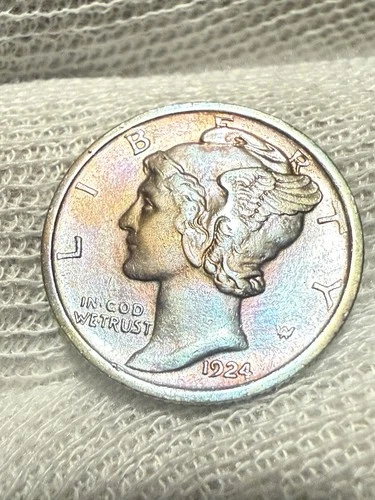 1924 Mercury Dime, Choice AU++ Tougher Date Toned