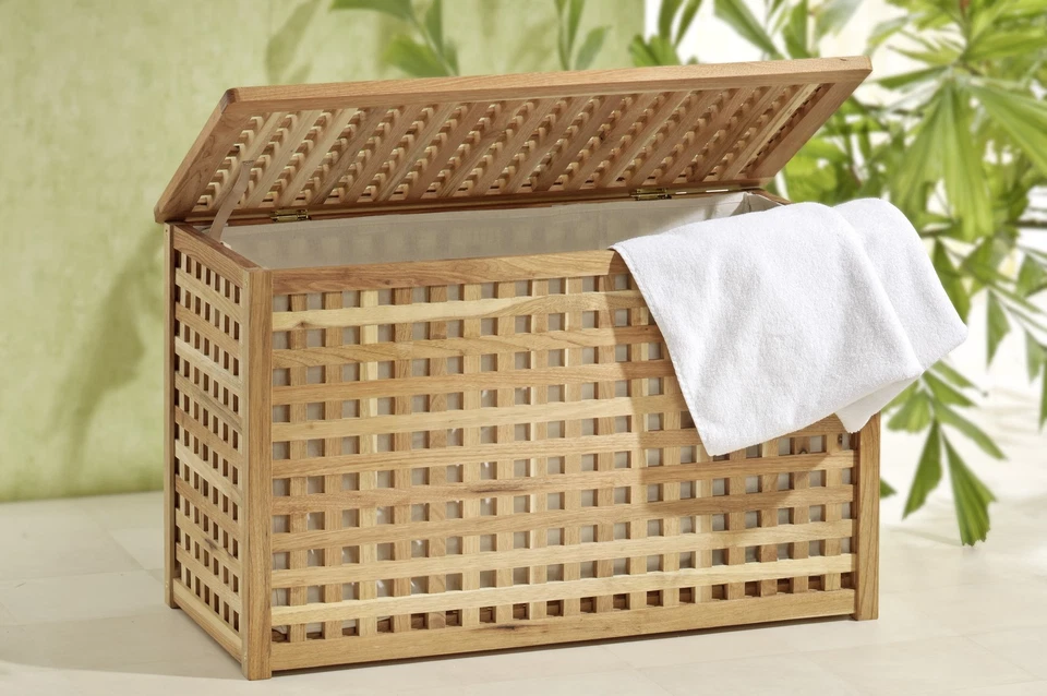 Wäschetruhe breite Wäschebox +Leinensack Walnuss Holz - Bild 1 von 3