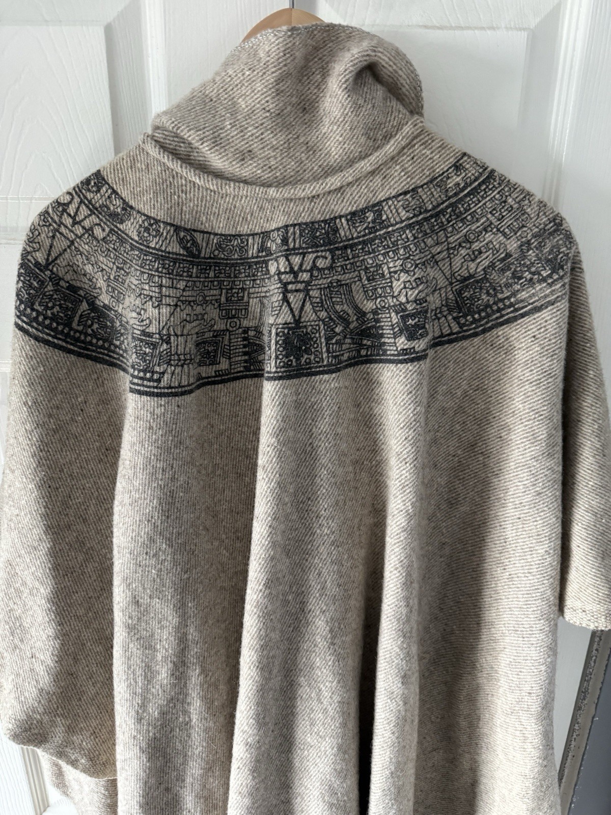 Beige Aztec Patterned Cape Collared Button Fringe… - image 4