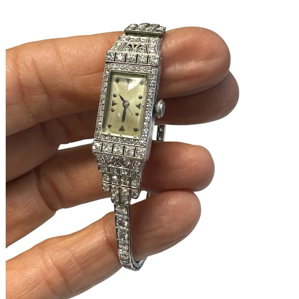 Reloj Art Deco Platino 3.50Ct Diamante VS-F, 18-Joyas Cuerda Manual Foto 4 de 4