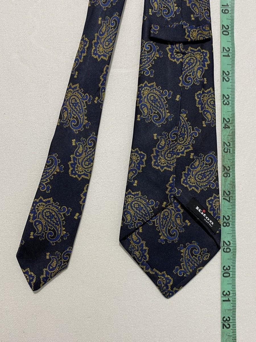Cravate Kiton Napoli - 100% Soie - Motif Floral Sur Fond Bleu - Sept Plis - Occasion De Luxe