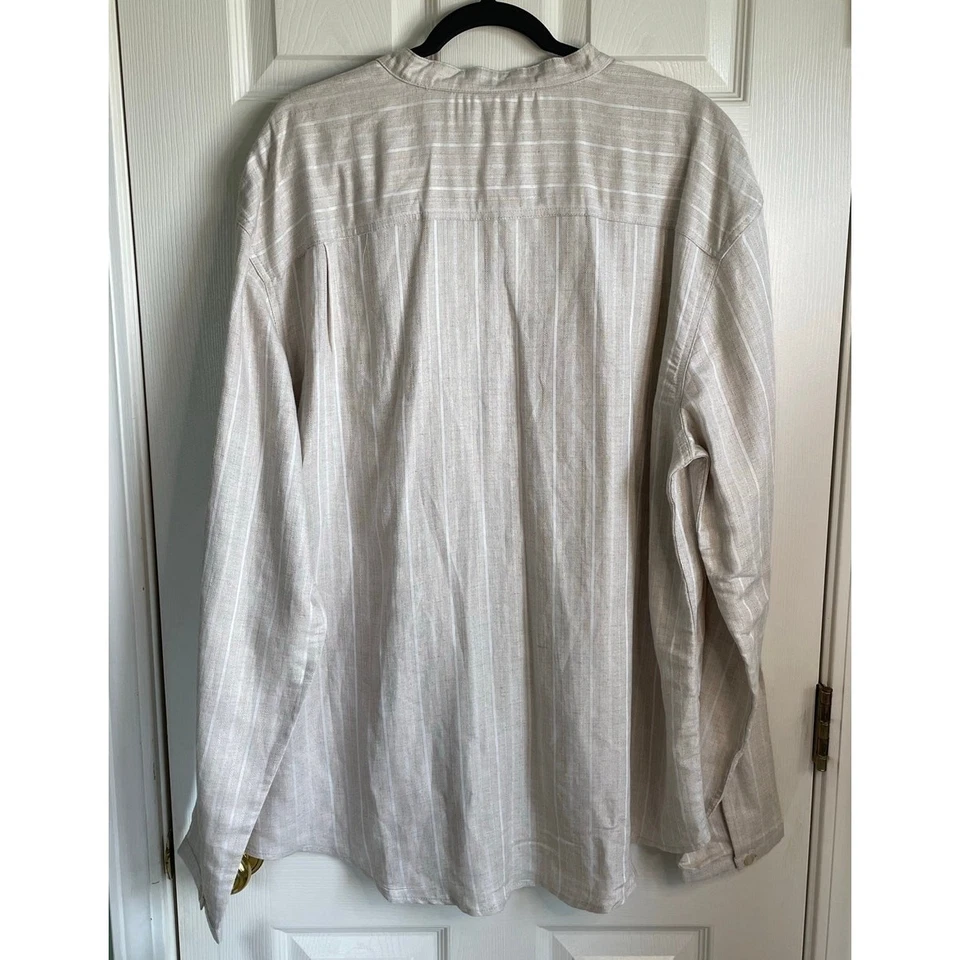 Camisa masculina Cubavera nova com etiquetas mistura de linho colarinho com faixas manga longa tamanho XXL creme bronzeado - Imagem 3 de 4