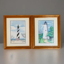 Coastal North Carolina Lighthouse Illustration Drawings VTG Set Of 2 Signed Art