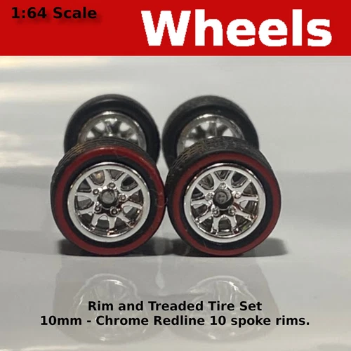 10/10mm Chrome 10 Spoke Redline Treaded rubber tire set. for Hot Wheels