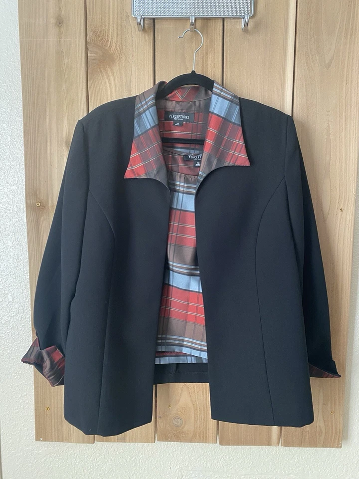 Traje Pantalón Preception 3 piezas Negro con Cuadros Rojo/Azul Talla 18 Nuevo sin Etiquetas Foto 2 de 4