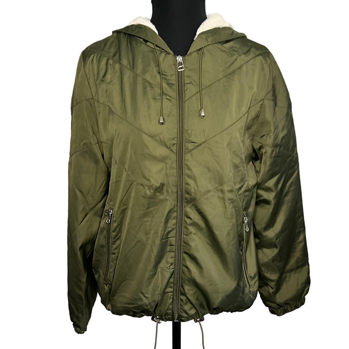 Delia's Army Green Satin Faux Fur Lined Zip Front Jacket, Size M