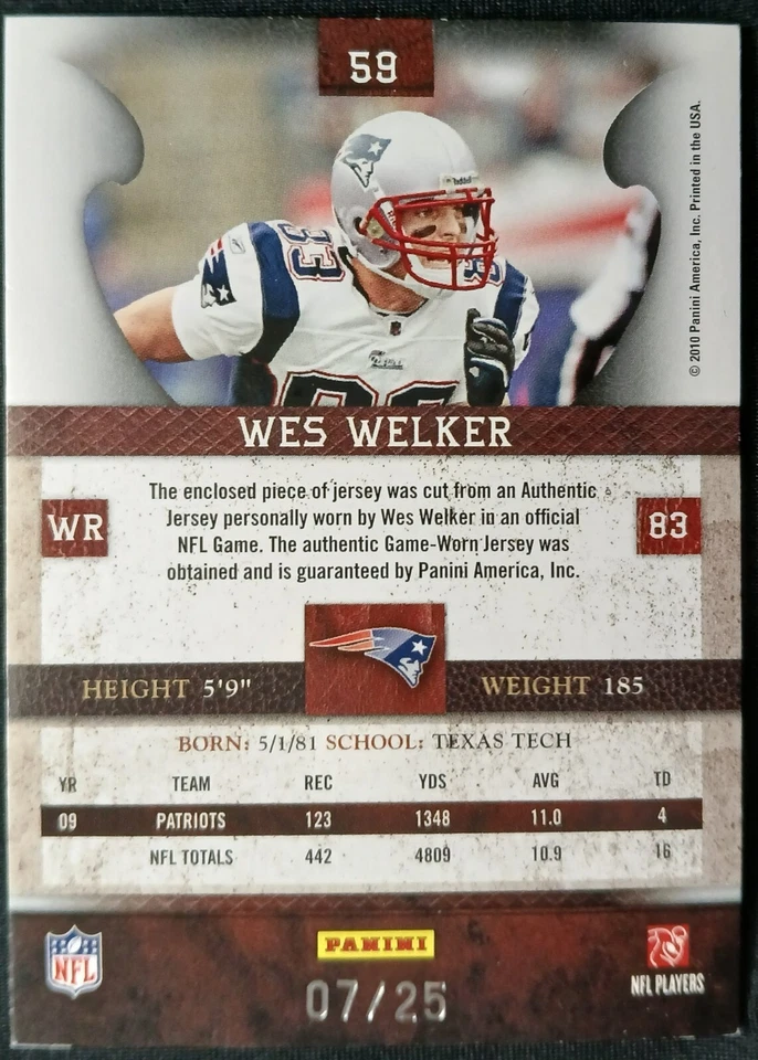 Wes Welker 2010 Panini Plates & Patches #59 Prime Jersey Nameplate 07/25 - Image 2 of 2