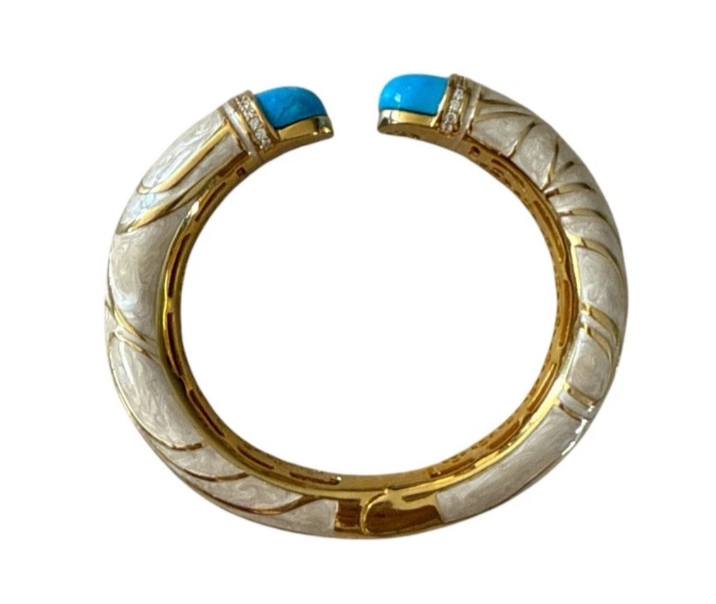 Designer Lauren G. Adams 18KGP Rhinestone Turquoise Enamel Hinged Bracelet $445