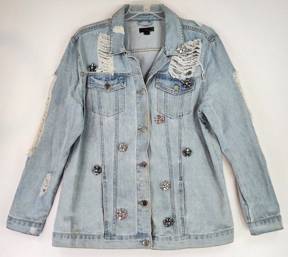 J W Styles Jean Jacket Womens Large Blue Denim Ripped Grunge Star