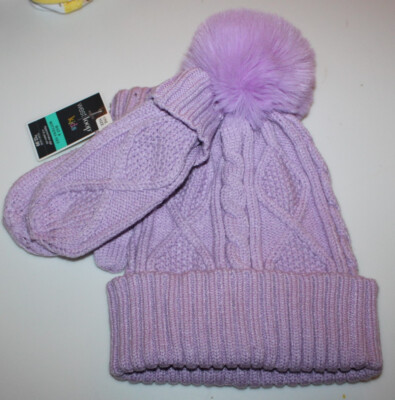 West Loop Kids - Purple Faux Fur Pompom Cable Knit Hat & Mittens Set 4-8 yr  NWT