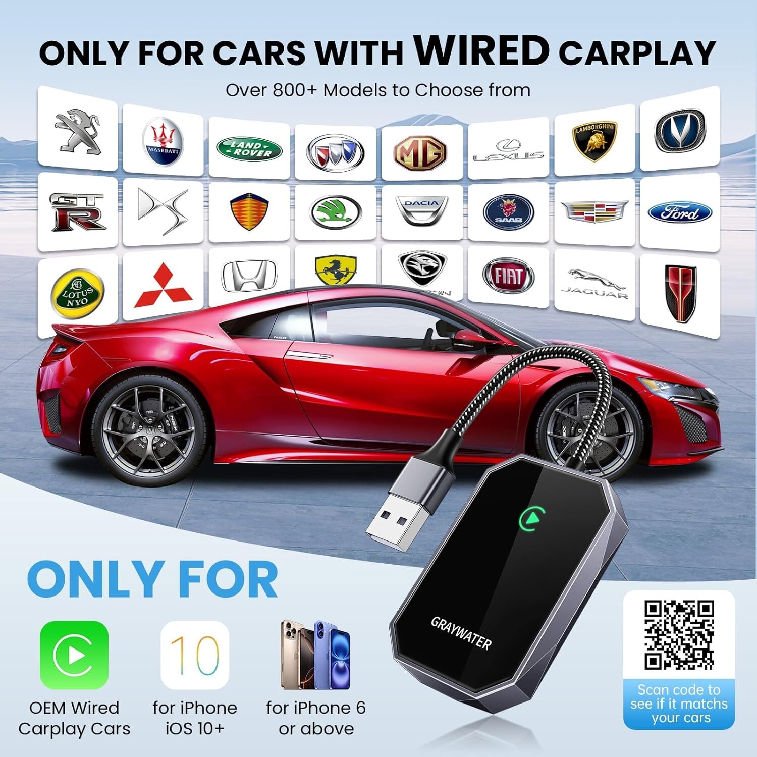 GRAYWATER Wireless CarPlay Adapter,Convert OEM Wired to Wireless Car Play Dongle