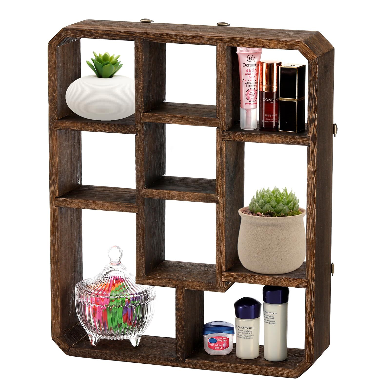 Rustic Shadow Box Display Shelf 9 Compartments Wood Hanging Floating Multi-Slot