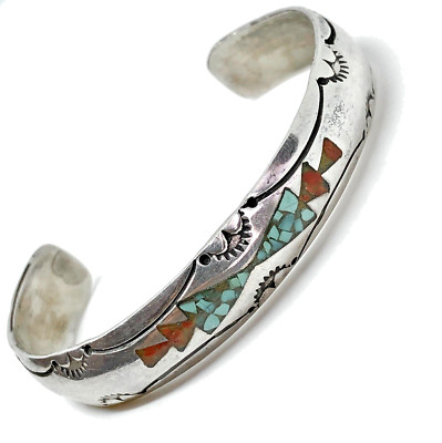 AJ Navajo Native American Turquoise Coral Sterling Silver Cuff