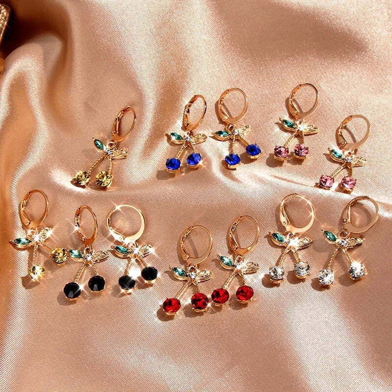 JUST FEEL Korean Cute Cherry Drop Earrings for Women Multicolor Crystal Fruit Ea
