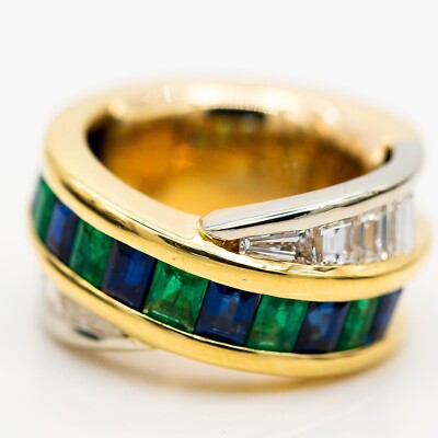 Ring 750/18k yellow gold/white gold diamonds 1ct sapphires 0.6ct emeralds 0.5ct size 45