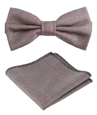 Mens Boys Matching Check Tweed Dickie Bow Tie & Pocket Square Set in Tan Brown