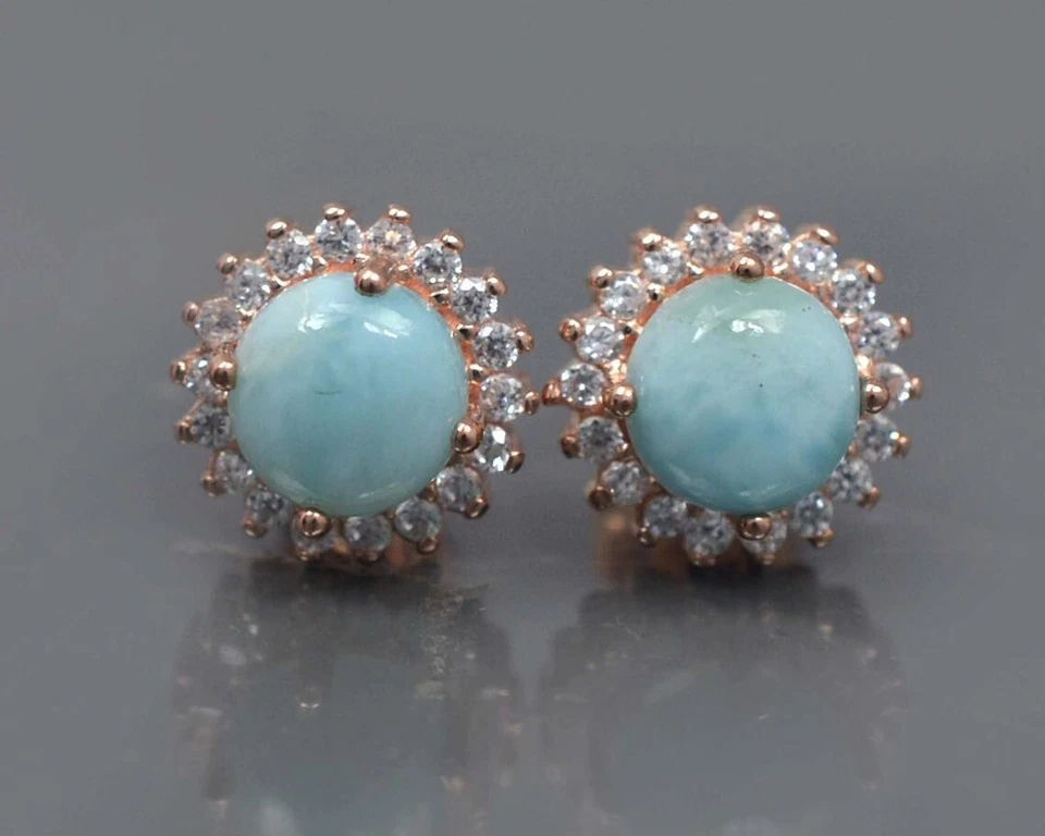 18K Oro Rosa Blu Larimar Rotondo Gemma 925 Argento Sterling Donna Gioielli Set - Immagine 4 di 4