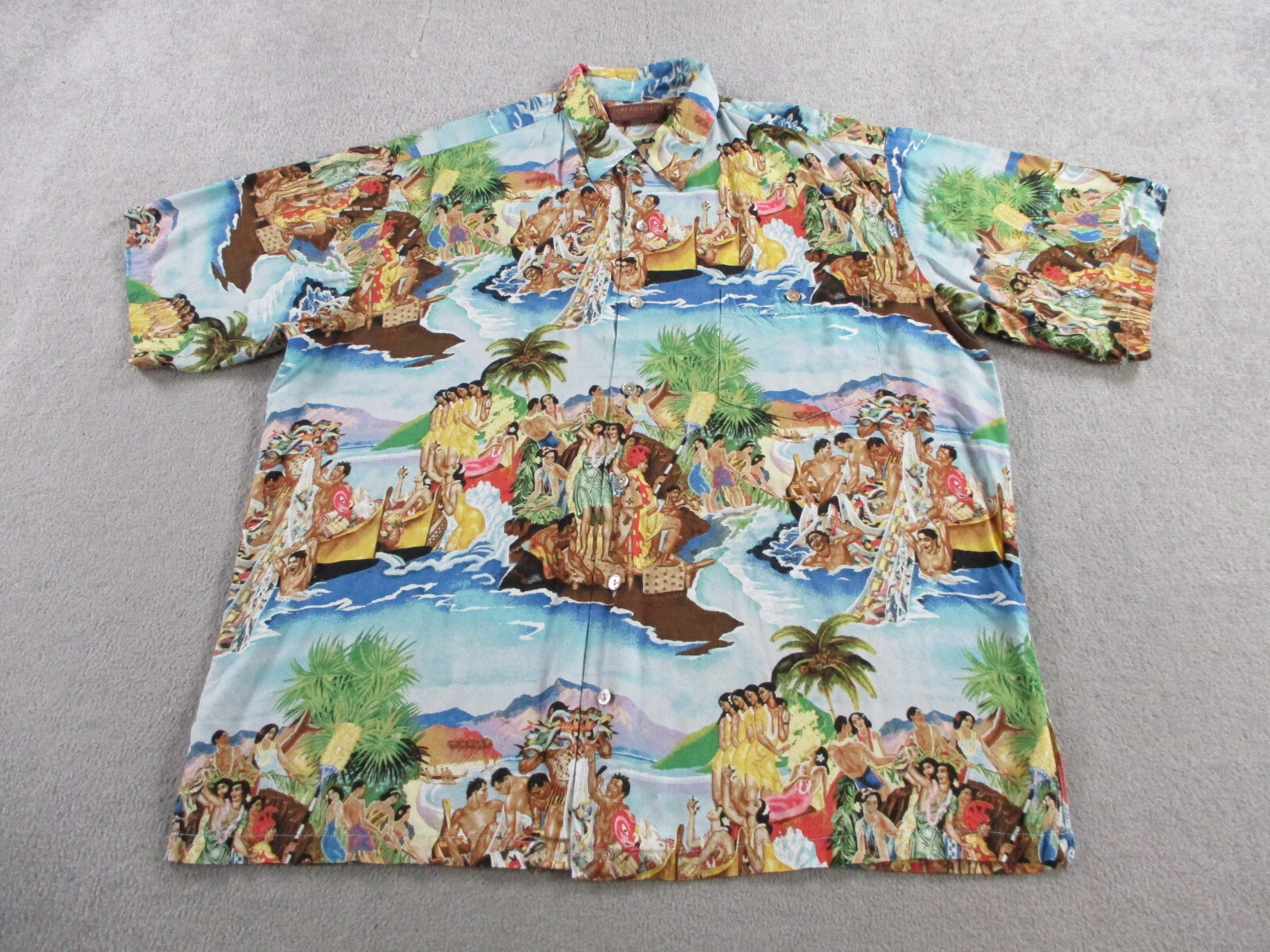 Tori Richard Shirt Mens XL Blue Multicolor All Over Print Hawaiian Luau Viscose